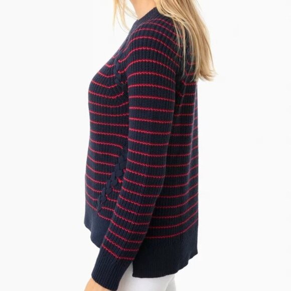 Vineyard Vines Break Stripe Lattice Crewneck Sweater Navy Blue Red Wool Cotton S - Picture 3 of 16